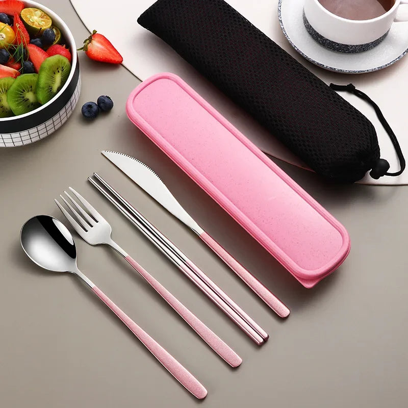 Portable Travel Utensils Set with Case Stainless Steel Knife Forks Spoons Chopsticks for Lunch Box Office Picnic Dinnerware Use